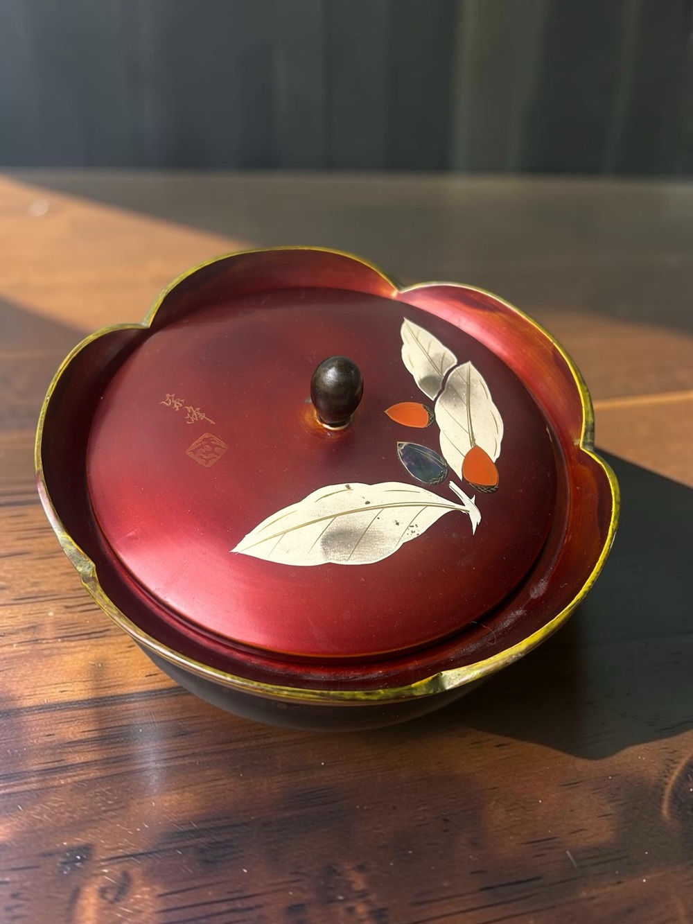 Vintage Japanese Lacquered Resin Lidded Bowl Red Black Botanical Signed